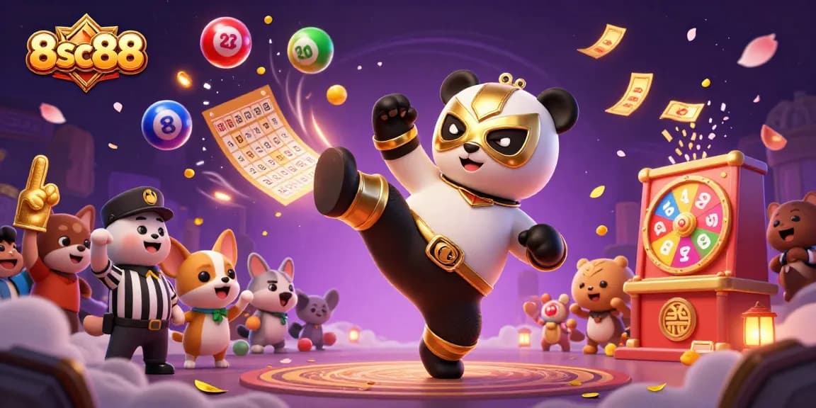 Engaging scene of 8sc88 casino fun featuring a panda wrestler kicking, various lottery elements