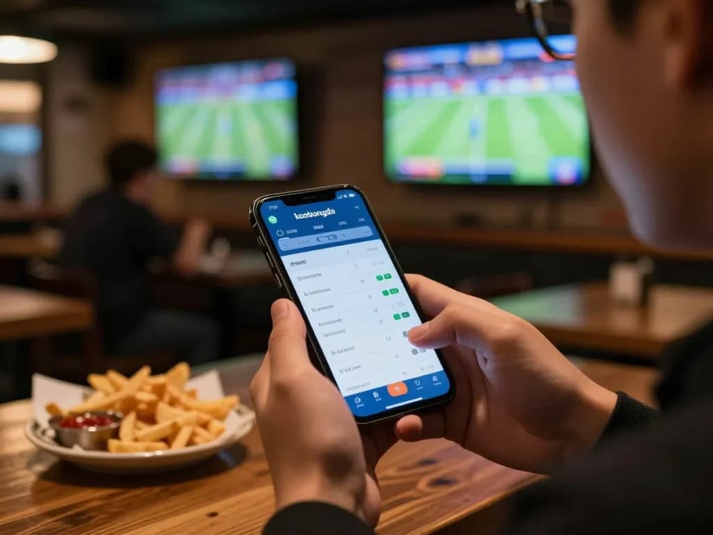 Engaged bettor reviewing keobongda odds on mobile app during exciting live sports event.