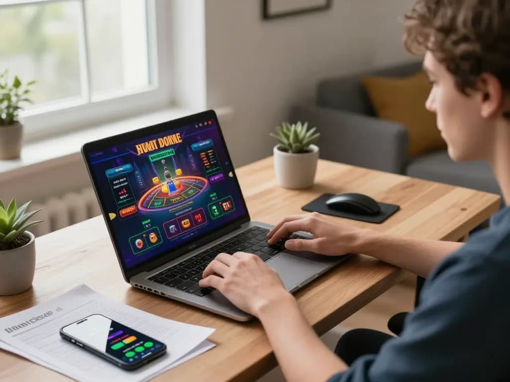 tr88 player engaged in online casino game, displaying positive interaction in a cozy gaming setup.