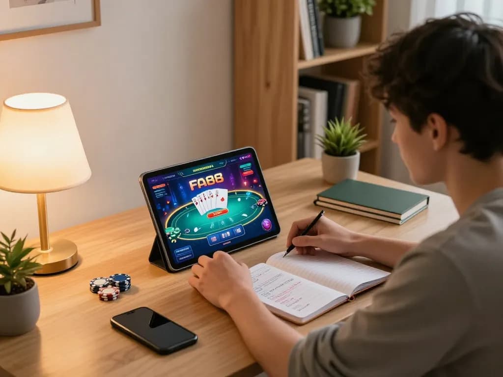 Engage in FA88 mobile gaming on tablet at a stylish desk with dynamic poker interface.