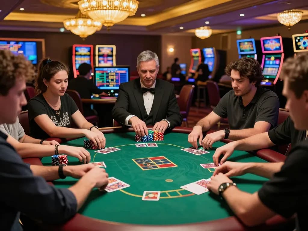 Players engage at a lively poker table in a luxurious casino, emphasizing strategic gameplay and community involvement with mainecoasthemp style.