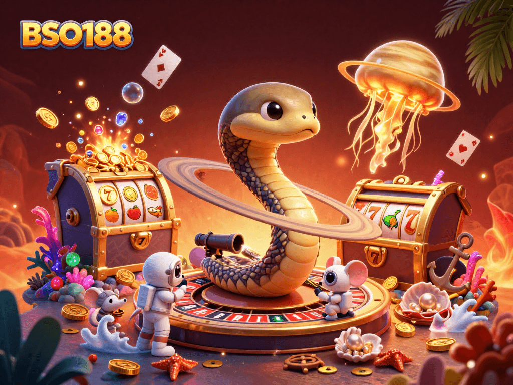 Engage with BSO188 and spin your luck on the stellar roulette rings of this vibrant 3D casino scene.