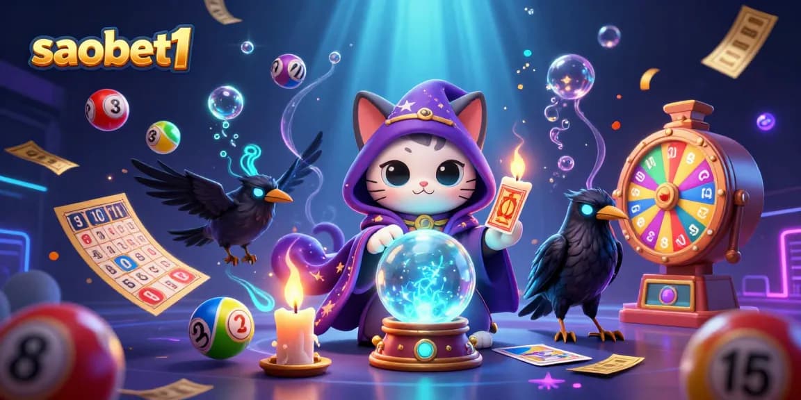 Experience thrilling gameplay with saobet1 featuring a mystic cat, glowing raven, and vibrant lottery elements.