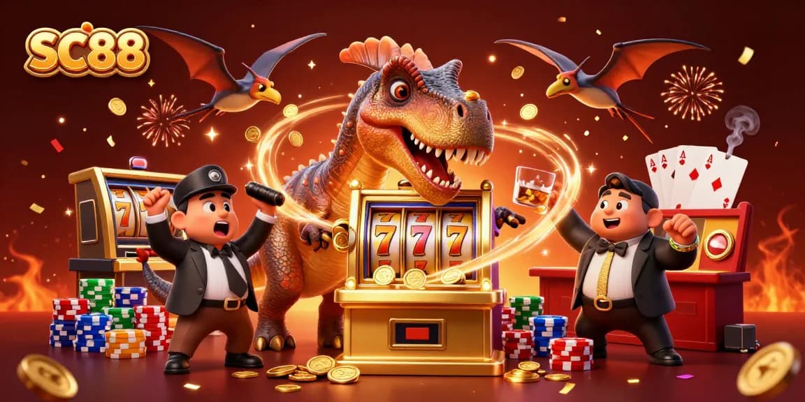 SC88 brings thrilling jackpot excitement with dynamic 3D characters enjoying casino fun and flying golden coins.