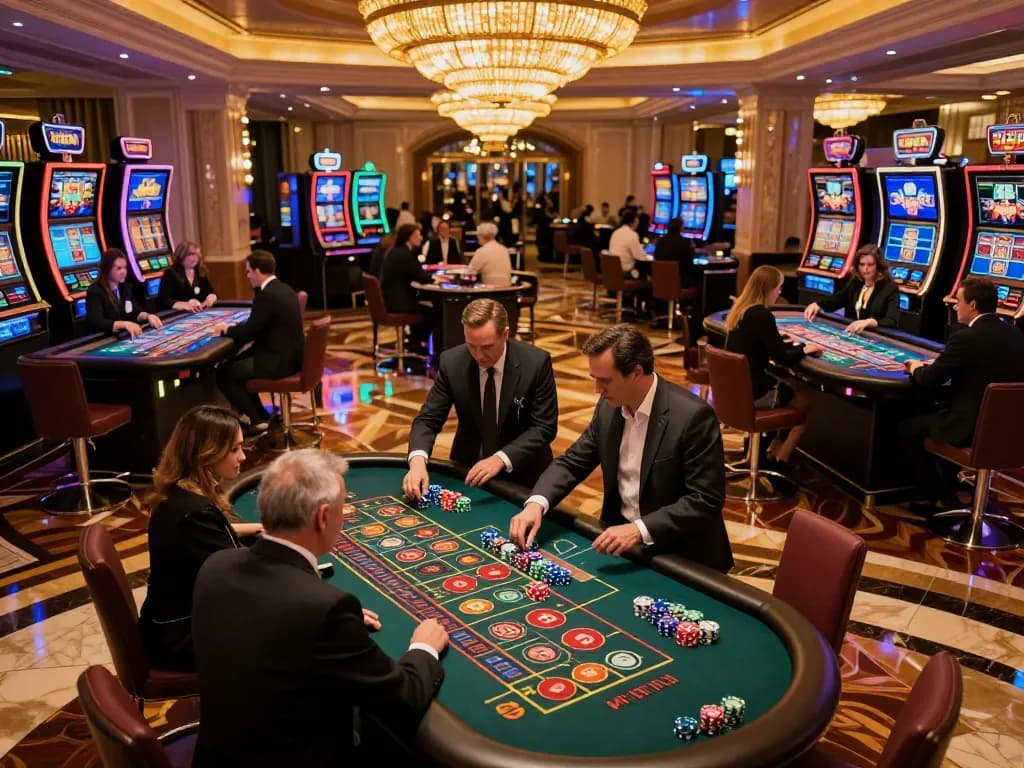 88clb players enjoying luxury casino atmosphere, engaging in strategic gameplay with colorful chips.