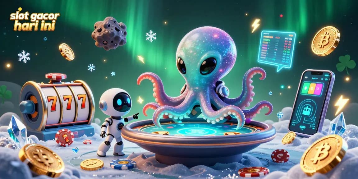 Engage with slot gacor hari ini through a vibrant 3D illustration of an alien octopus at a holographic poker table.