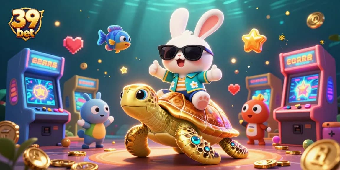 Win big at 39 bet with the lucky rabbit and golden turtle in a vibrant casino scene.