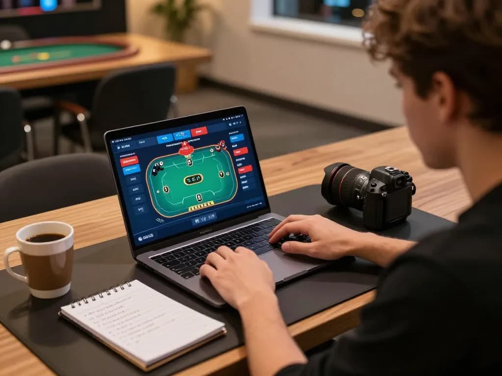Player engaged in online casino gaming on laptop while analyzing strategy notes, showcasing mm88 gaming excitement.