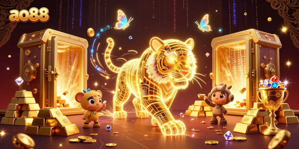 ao88 showcases a vibrant casino scene with a glowing tiger and treasure while players celebrate wins.
