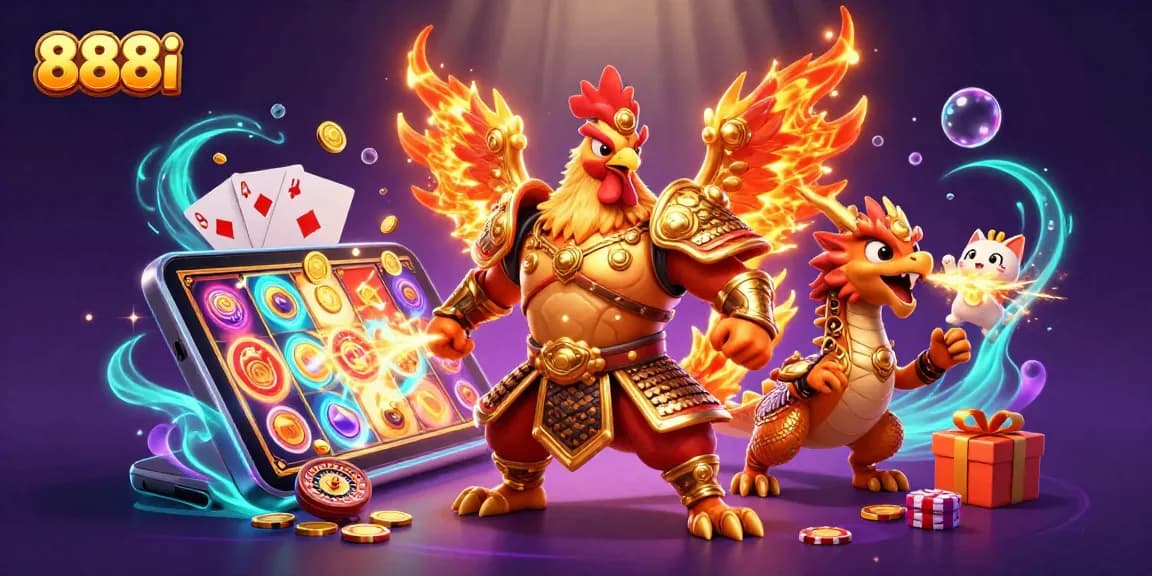 Experience thrilling gaming with 888i's rooster warrior and dragon hatchling amidst dynamic slot and poker elements.
