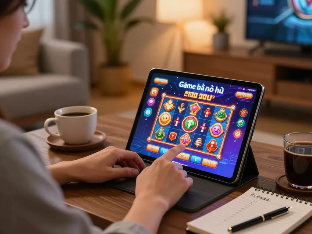 Engaging with Game bài nổ hũ on a tablet in a cozy home setup.