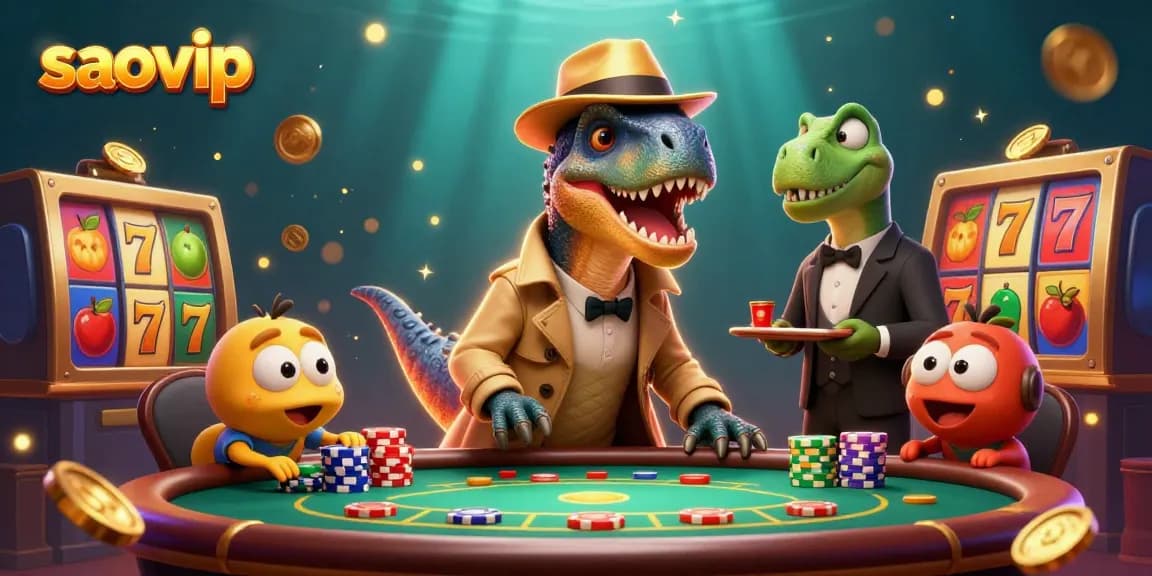 Experience saovip with an engaging casino scene featuring a velociraptor and a stegosaurus amidst vibrant slot elements.