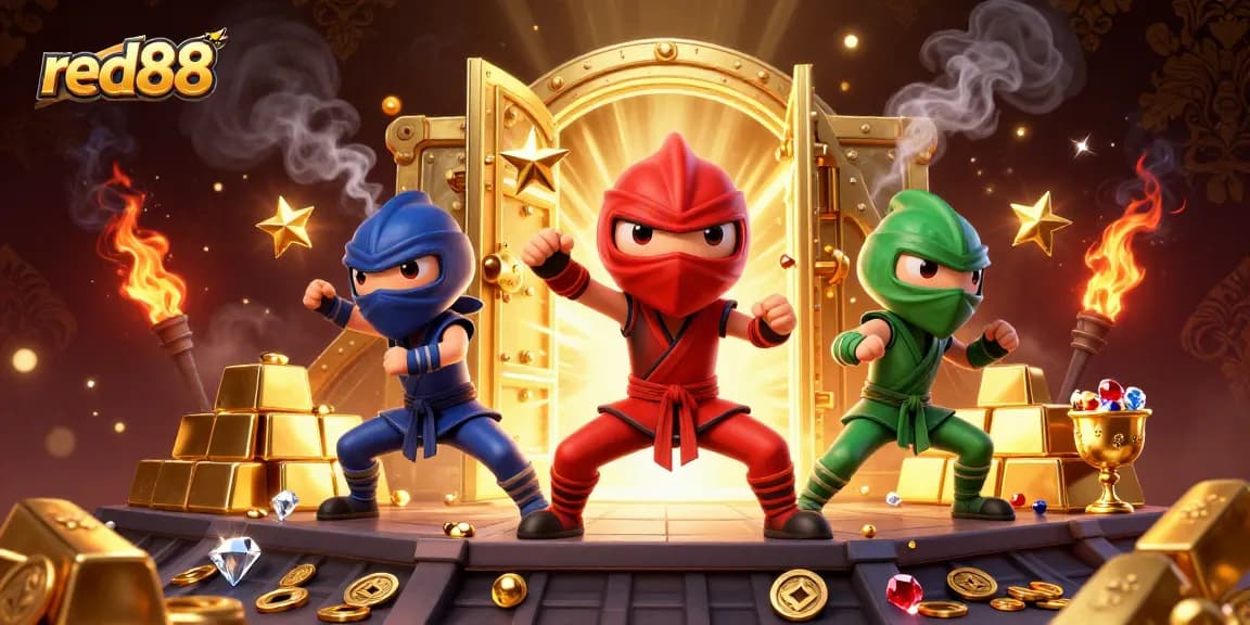 Experience thrilling gameplay at red88 with chameleon ninjas showcasing martial arts amidst sparkling treasures.