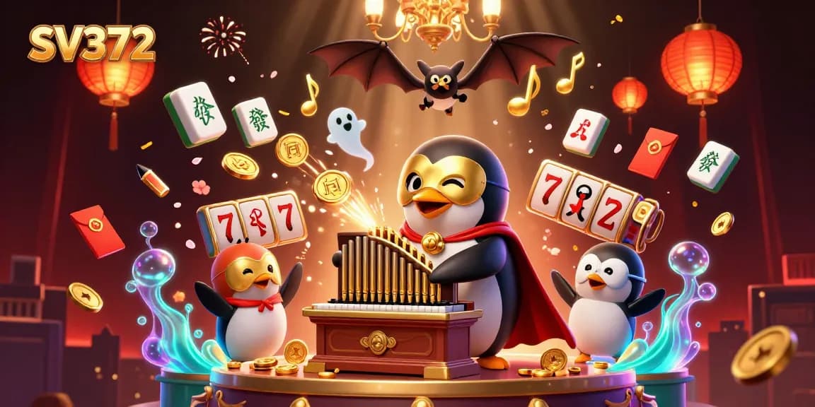Engage in thrilling gameplay at SV372 with a 3D phantom penguin amidst vibrant casino elements