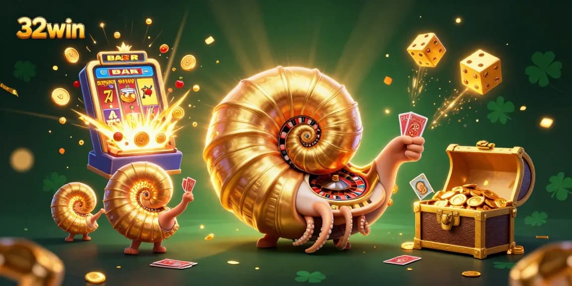 Experience thrilling wins with 32win at a dynamic casino scene featuring a giant nautilus and jackpot explosions.