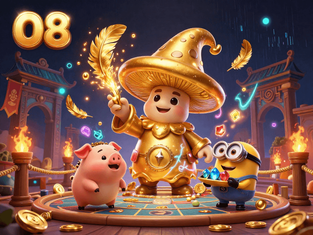 Engage with the enchanting world of O8, where a golden mushroom wizard casts treasure spells amid colorful gems and dynamic gambling elements.