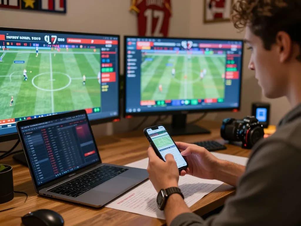 Sports betting analyst reviewing odds on tylekeonhacai88 platform with multiple screens and notes