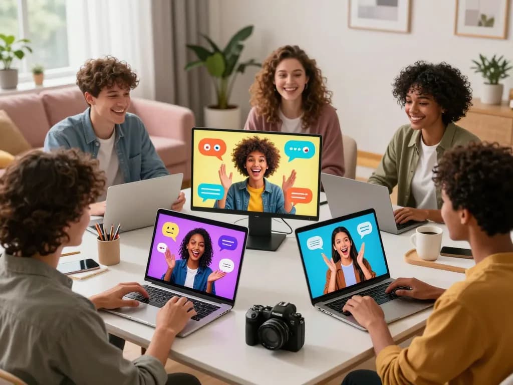Engaging ai porn chat interaction in a modern home office setting, showcasing diverse individuals and AI avatars.