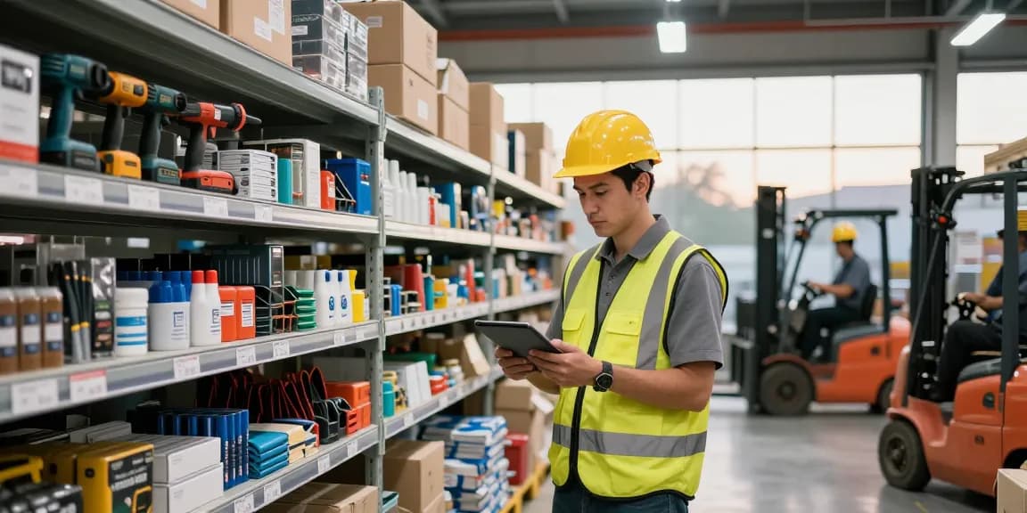 Warehouse worker managing inventory for rokok 88 industrial supplies in vibrant e-commerce setting.