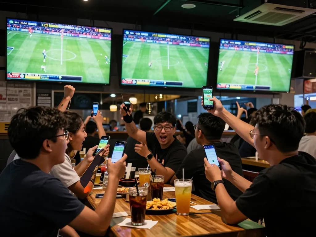 Fans enjoying live football betting and cheering at keonhacaii88 sports bar