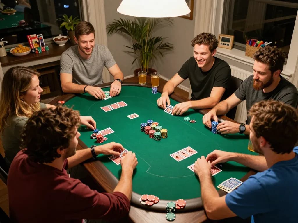 Engaged group enjoying poker night showcasing the Thương hiệu Bet88 in a friendly home setting