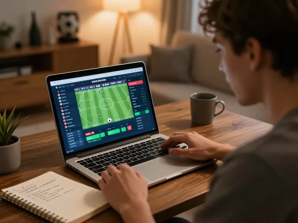 Person analyzing nhandinhkeonhacai football match odds on laptop in cozy home setting