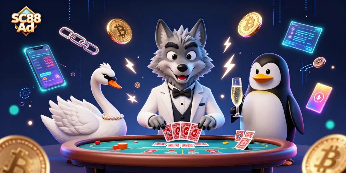 Experience the excitement of SC88 Ad with a lively casino scene featuring animated characters and cryptocurrency elements.