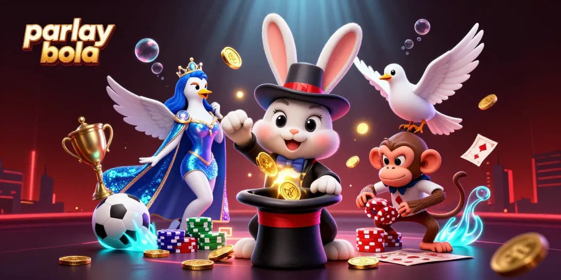 Engage in parlay bola betting with dynamic visuals of a magician rabbit and playful scenes.