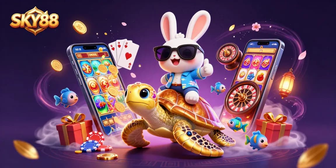 Experience thrilling gameplay at SKY88 with lucky rabbit and golden turtle, surrounded by casino action.