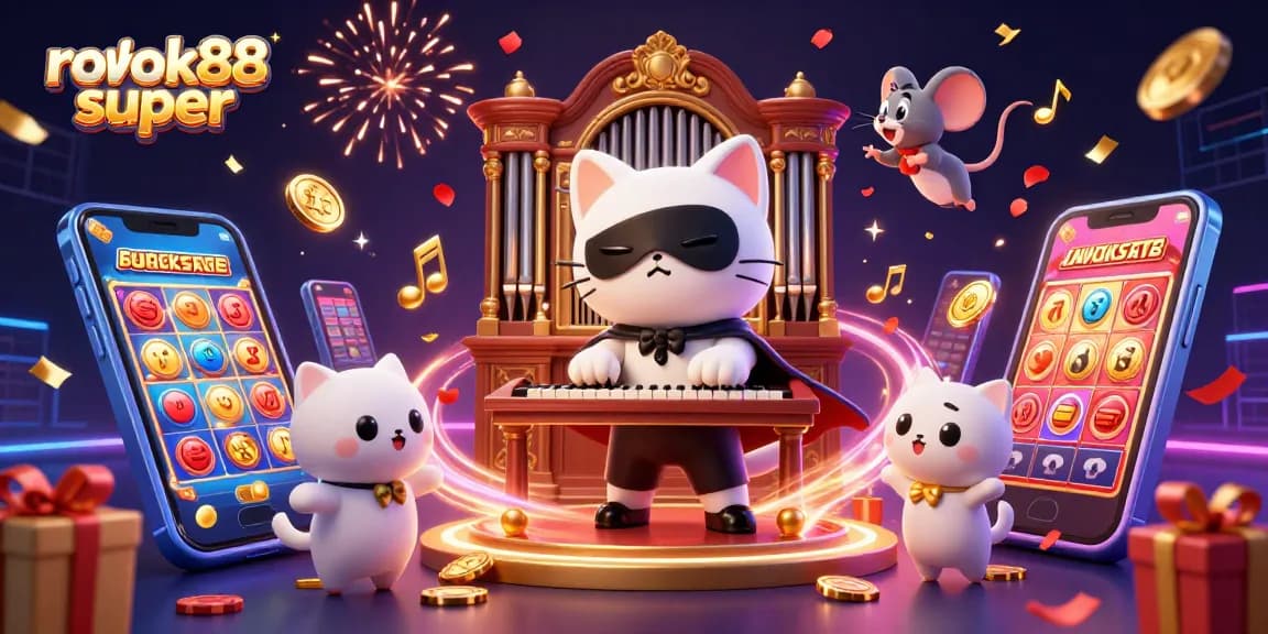 Play exciting games with rokok88 super as a white cat plays the organ while coins erupt and cards fan out.