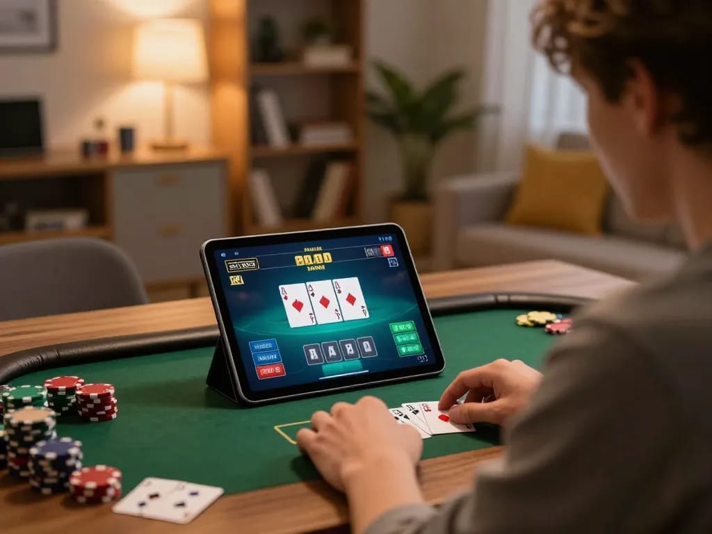 Engaging scene of online poker gameplay on qh88go tablet, emphasizing strategic home gaming environment.