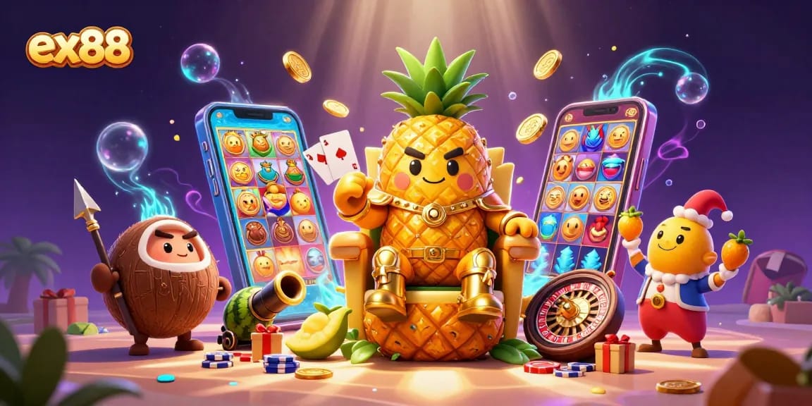 Play exciting games at ex88, featuring a vibrant scene with golden characters in a casino atmosphere.