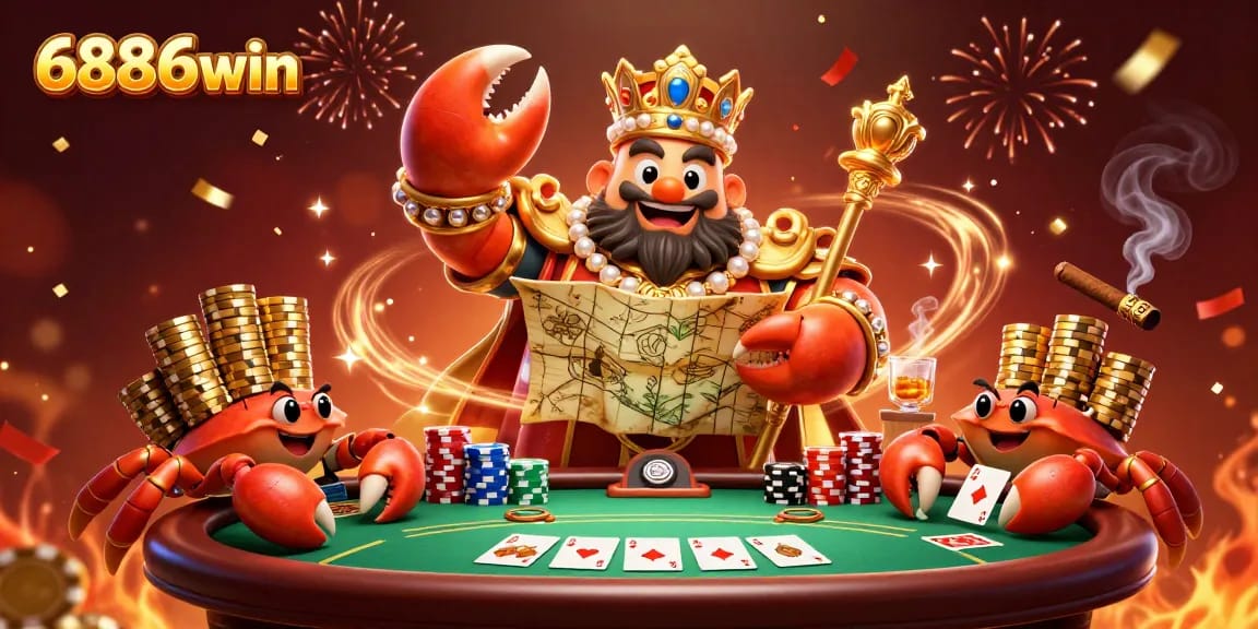 Experience the excitement of gambling with 6886win's vibrant casino scene featuring a golden crab and poker elements.