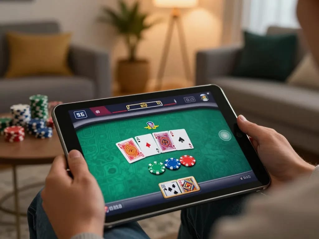 Play online poker on 789WIN in a cozy living room with a tablet setup