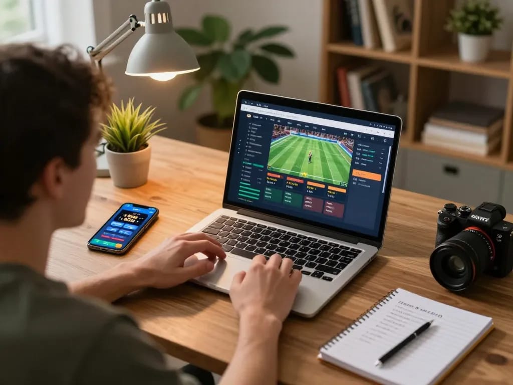 F168 user engaging in online sports betting from a cozy home office setup, showcasing strategic gameplay.