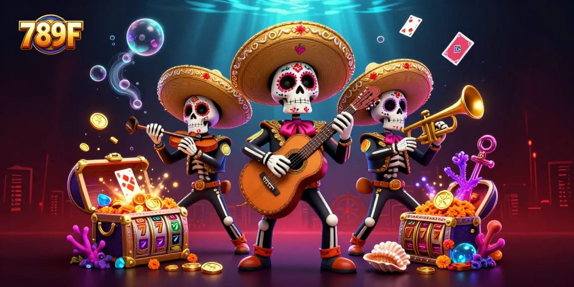 Experience thrilling action with 789F as skeleton mariachi musicians celebrate and play while surrounded by gold coins and slot reels.