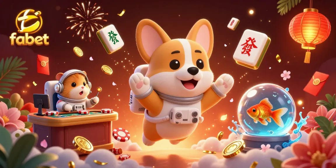 Experience the fun at fabet casino with a vibrant 3D illustration featuring corgi astronauts and floating riches.