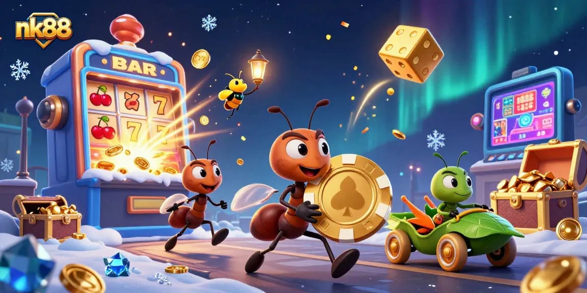 Join the thrilling adventure at nk88 as ants steal a giant poker chip in a vibrant casino heist scene.