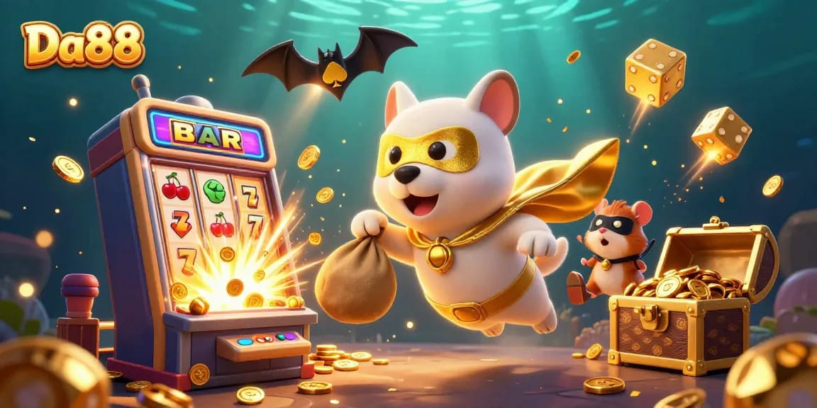Experience winning excitement at Da88 as a superhero dog flies with gold coins and casino elements.
