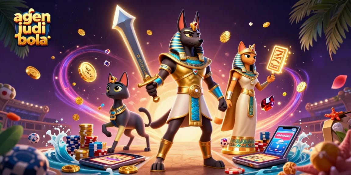 Experience the excitement of agen judi bola with Anubis and Bastet surrounded by dynamic gambling elements.
