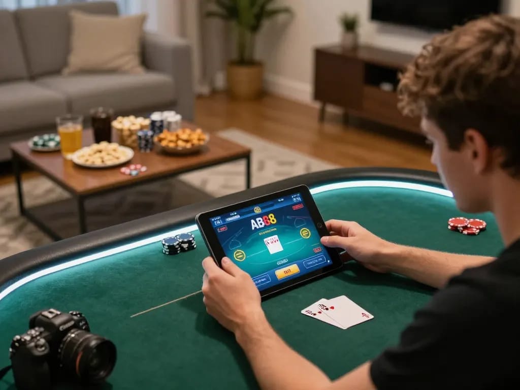 Engaging poker game with ABC8 on a tablet in a cozy home setting, promoting responsible gambling