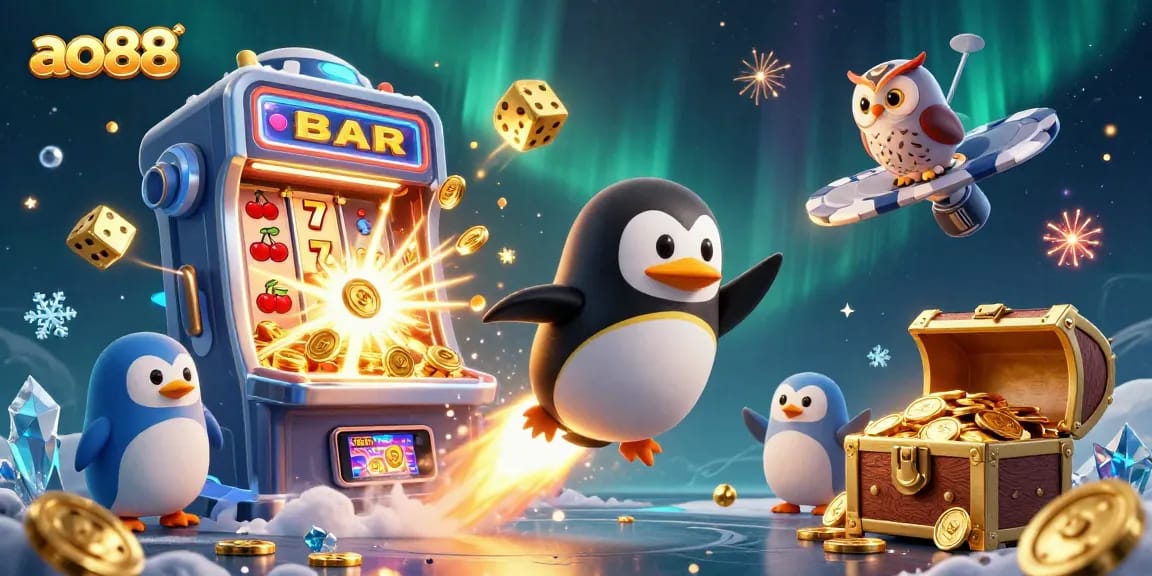 Experience exciting wins at ao88 with a vibrant jackpot explosion, featuring a penguin soaring through a cosmic casino.
