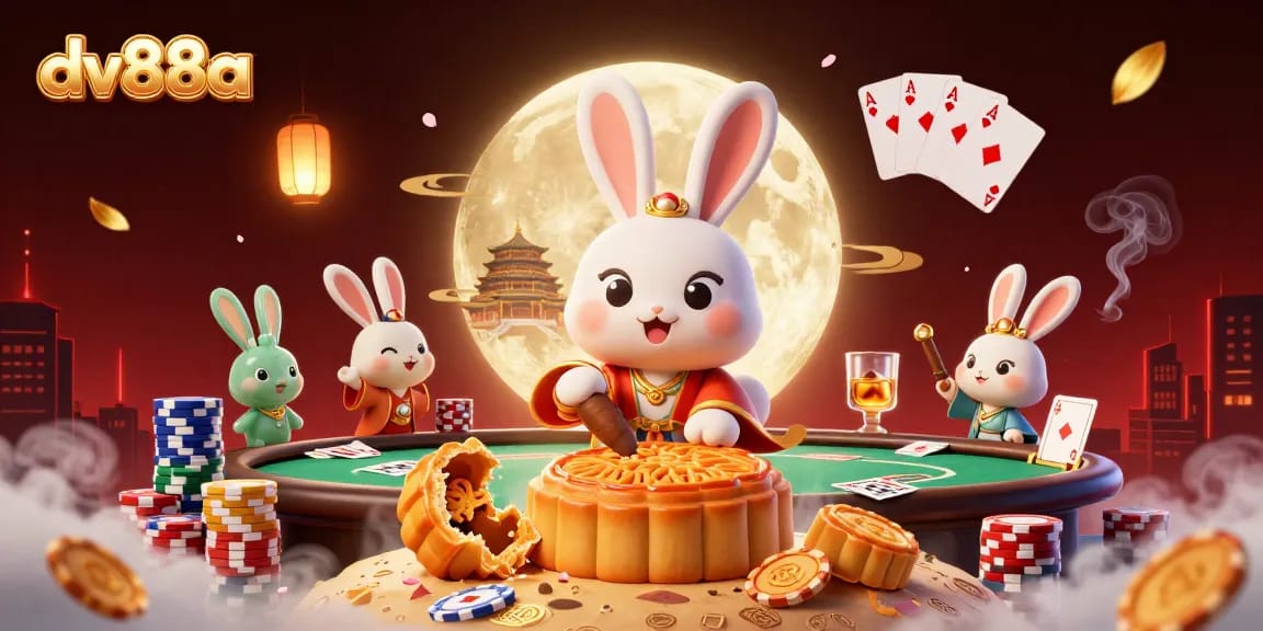 Experience high-stakes poker with dv88a as the moon rabbit reveals golden chips amidst a vibrant casino scene.