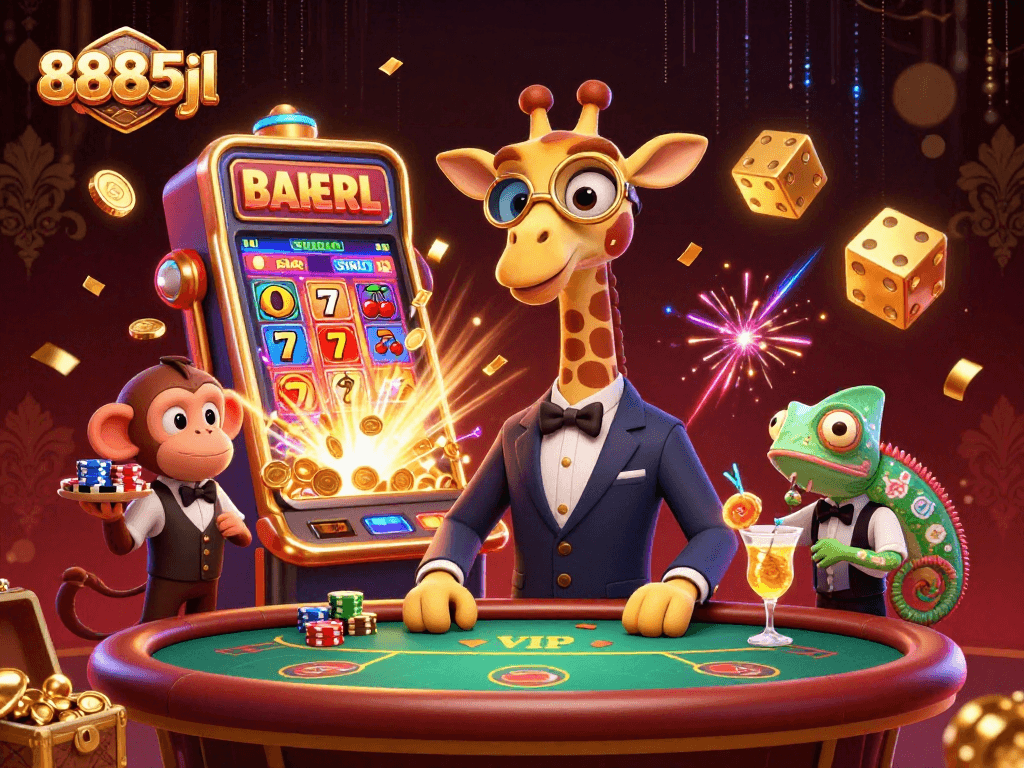 Experience thrilling winnings with 8885jl at the lively casino scene featuring vibrant characters.