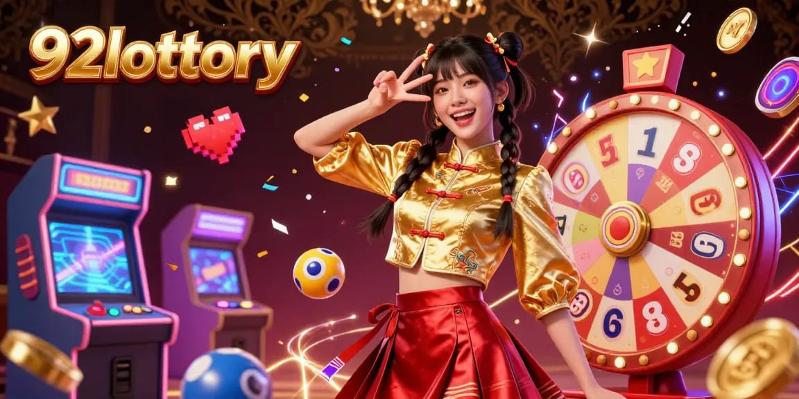 92lottery spins the prize wheel with vibrant lottery balls and game machines in action.