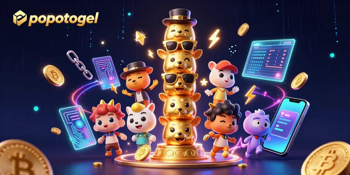 Spin and win at popotogel with vibrant 3D casino-themed illustration showcasing slot reels and cryptocurrencies.