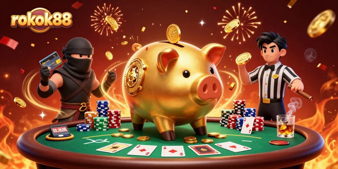 Experience exciting gameplay with rokok88's dynamic casino scene featuring vibrant characters and rich gambling elements.