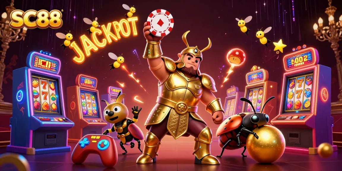 Win big with SC88 in this vibrant casino illustration showcasing slot games and excitement.