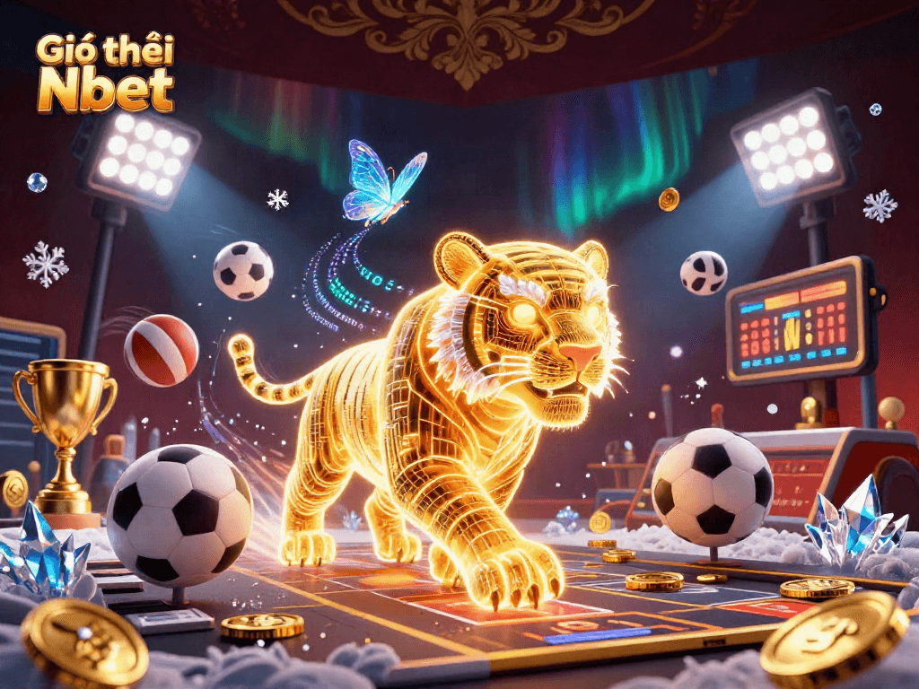 Engage with Giới thiệu Nbet through vibrant 3D illustration featuring a golden tiger in a digital casino landscape.