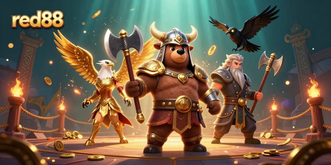 Engage with the red88 experience featuring a fierce Viking bear and Valkyrie in a vibrant casino arena.
